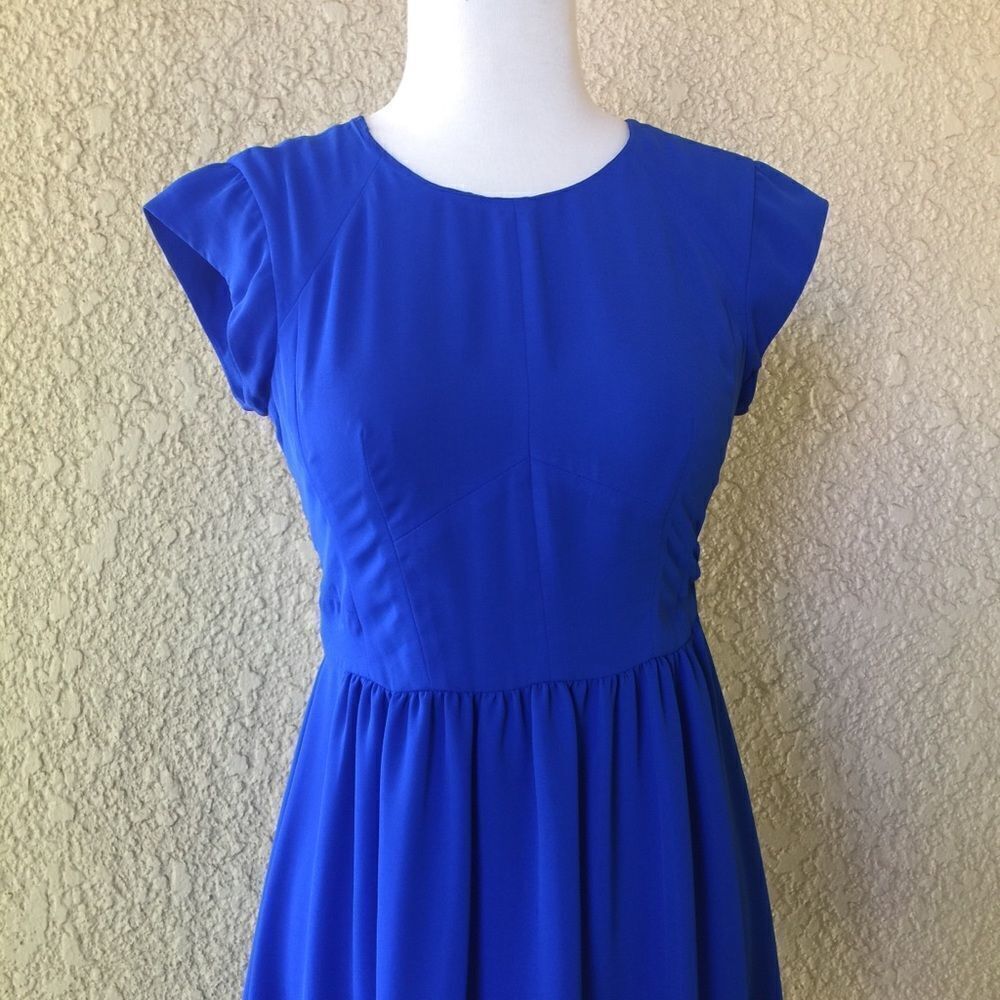 Rebecca Taylor Mini Dress Size 0 Royal Blue Fit & Flare Short Sleeve Zip Back - Picture 6 of 10
